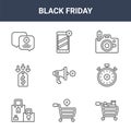 9 black friday icons pack. trendy black friday icons on white background. thin outline line icons such as shopping cart, stopwatch Royalty Free Stock Photo