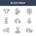 9 black friday icons pack. trendy black friday icons on white background. thin outline line icons such as wishlist, price tag, Royalty Free Stock Photo