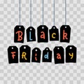 Black Friday letters on tags hanging in row with colorful words on transparent background. Festive thematic vector