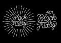 Black Friday line lettering handwritten text with vintage rays. White vector illustration isolated on black background.