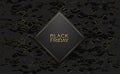 Black friday luxury banner. Golden text on black rhombus label frame. Dark technology geometric gold line pattern background. Royalty Free Stock Photo