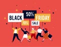 Black friday, mega sale banner, scene with a crowd, women and men running with shopping bags. Sale concept design