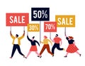 Black friday, mega sale banner, scene with a crowd, women and men running with shopping bags. Sale concept design