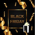 Black friday mega sale black gift box realistic design gift box with white bow Dark background gold lettering text Royalty Free Stock Photo