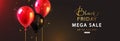 Black Friday Mega Sale.Horizontal banner with beautiful balloons and golden text.Creative glowing design.Vector Royalty Free Stock Photo