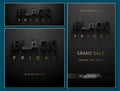 Black Friday modern sosial media post design vector template set. Glossy black volume text thin golden frame on dark gray Royalty Free Stock Photo