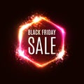 Black Friday neon sign. Banner with explosion effect. Discount card. Black Friday sale design on hexagon background. Royalty Free Stock Photo