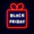 Black friday neon text in gift box emblem. Sale label. Outer glowing effect banner. Isolated vector illustration