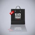 Black Friday Offer. Bag with red tag Sale and text with discount. Illustration with reflection for for banner. Vector Royalty Free Stock Photo