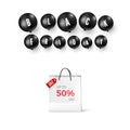 Black friday offer template. Season discount. Black balloons and shopping bag. Vector