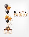 Black Friday Online Sale banner. Background with helium balloons, star and gold gift box. Realistic decorative design Royalty Free Stock Photo