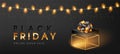 Black Friday Online Sale banner. Background with shiny garlands and gold gift box. Poster festive advertising. Template