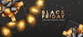 Black Friday Online Sale banner. Background with sparkling lights garland, realistic gifts box, glitter gold confetti