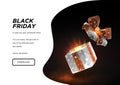 Black friday. Open gift box. Low poly wireframe art on dark background. Concept for holiday or magic or miracle.Box in the fog.