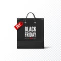Black Friday. Black paper bag with tag Sale and discount offer. Black friday banner template. Vector illustration isolated on tran Royalty Free Stock Photo