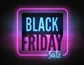 Black friday youth style neon light box with annual discount offer vector banner template.