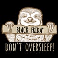 Black friday poster with cute sloth; vector illustration EPS10