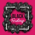 Black friday poster with frame with balloons and magenta background