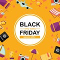 Black Friday poster with summer elements on yellow background Royalty Free Stock Photo