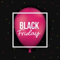 Black friday poster with white frame over magenta balloon in black and starry color background