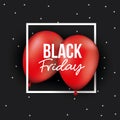 Black friday poster with white frame over two red balloons in black and starry color background