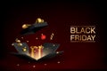 Black friday present, 3d open gift box with golden confetti and toys. Christmas sale banner, gold surprise card