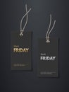 Black Friday price tags with sale mockup template set. Rectangle cards with grey strings for clothes with gold and Royalty Free Stock Photo