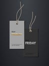 Black Friday price tags with sale mockup template set. Rectangle cards with grey strings for clothes with gold and Royalty Free Stock Photo