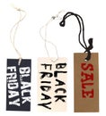 black friday shopping event promotion on hang tags isolated on white background, sale, bargain, reduced price concept