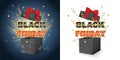 Black friday promotion sale box with surprise. Black gift box with red bow and ribbon. 3d vector concept for black Royalty Free Stock Photo