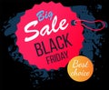 Black friday promotional emblem. Sale and discounts in store. Design element for advertisement