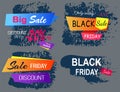 Black friday promotional emblem. Sale and discounts in store. Design element for advertisement