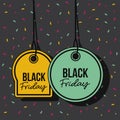 Black friday promotional offer tags yellow and green pendant of threads in black background with confetti colorful