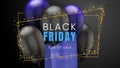 Black friday, sale abstract dark background with balloons, blue shopping bag and glare golden frame, can be used for Royalty Free Stock Photo