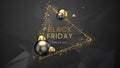 Black friday, sale abstract dark sharp polygonal background with triangular frame, and golden sphere, can be used for