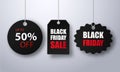 Black friday sale abstract labels on a white background. Hanging elements, business advertising design. Vector illustration Royalty Free Stock Photo