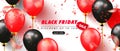 Black friday sale advertising poster with black and red balloons and flying serpentine on white background. Modern