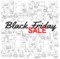 Black friday sale background. Discount template. Household appliances icons. Various electronics vector icons.