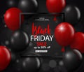 Black friday sale background with frame and red and black balloons. Modern design.Universal vector background for poster