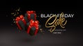 Black Friday sale background with realistic 3d black gift boxes with red bows. Gold lettering sale. Vector illustration Royalty Free Stock Photo