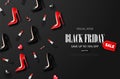 Black friday sale background with red and black shoes, lipstick, hearts and serpentine . Modern 3D design.Universal