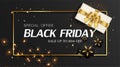 Black Friday Sale banner. Black background decorative with gift box, sparkling lights flower, and glitter gold confetti. Royalty Free Stock Photo