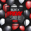 Black Friday Sale banner design template. Big discount advertising promo concept with balloons, shop now button, and typography te Royalty Free Stock Photo