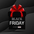 Black friday sale banner. Gift Box on black curve paper background.