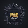 Black friday sale banner with gift boxes and snowflakes on dark black background Royalty Free Stock Photo
