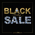 Black Friday SALE banner with gold and Blue Crystal letters. Special offer Jewelry shop flyer concept on black