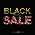 Black Friday SALE banner with gold and Red Crystal letters. Special offer Jewelry shop flyer concept on black background