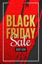 Black Friday Sale Banner. Grunge brush with glitters in white frame. Dark background. Flyer for your design. Golden text with glit