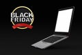 Black Friday Sale Banner near Laptop with Blank Screen as Template for Your Design. 3d Rendering Royalty Free Stock Photo