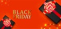 Black Friday sale, banner, poster, flyer. Gift boxes black decorated with red bow, sparkling lights, and gold confetti isolated on Royalty Free Stock Photo